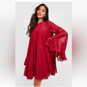 Mesh pleated detail smock dress -Berry